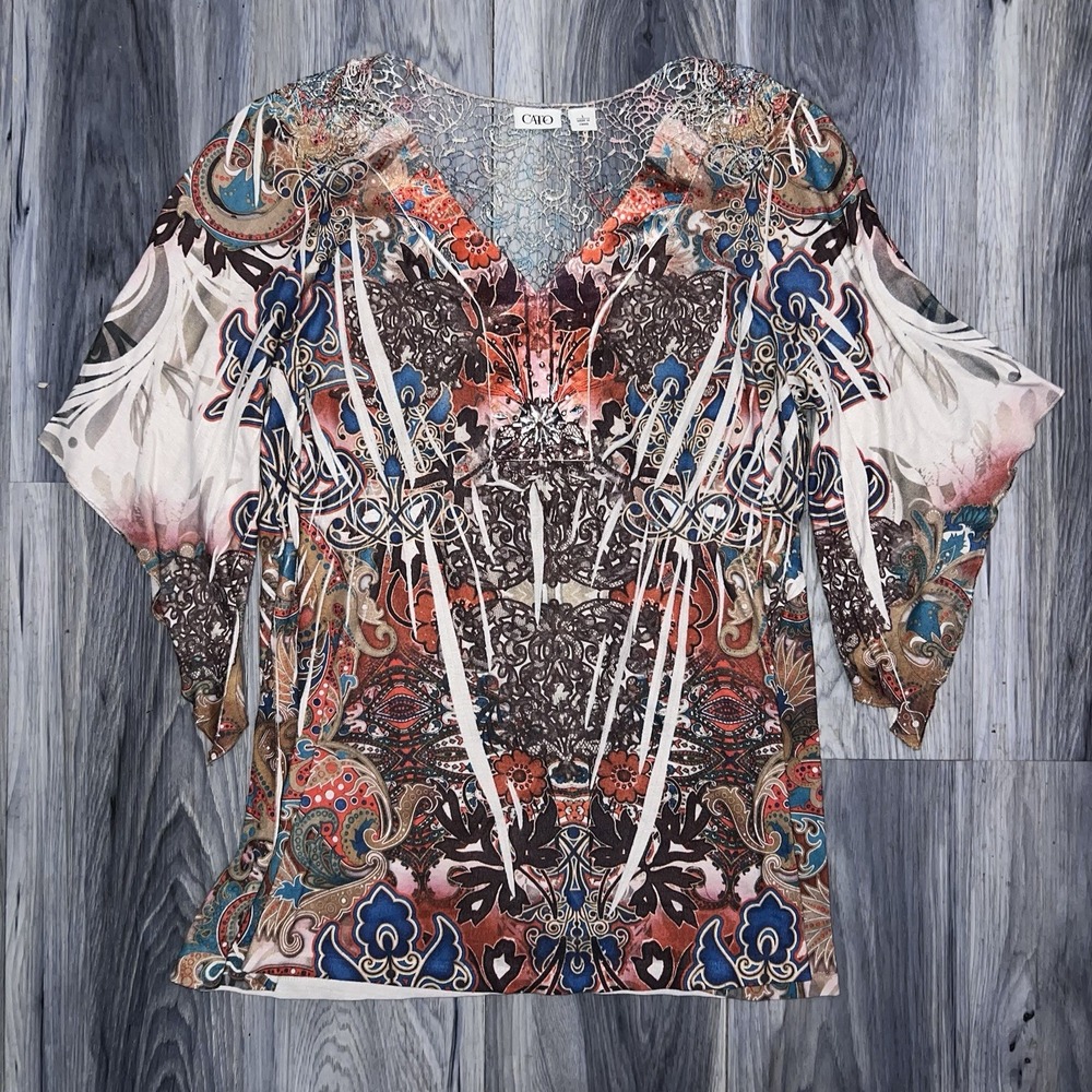 Boho Y2K Sublimation Print Blouse Lace Back Fairycore Angel Wing Sleeves Cato L